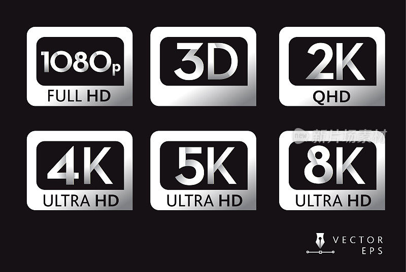 屏幕图标标签分辨率1080p 3D 2K 4K 5K 8K超高清银色黑色背景